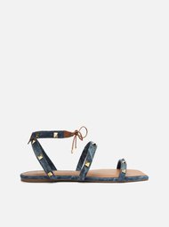 Sandália Rasteira Jeans Amarração Spikes Marrom
