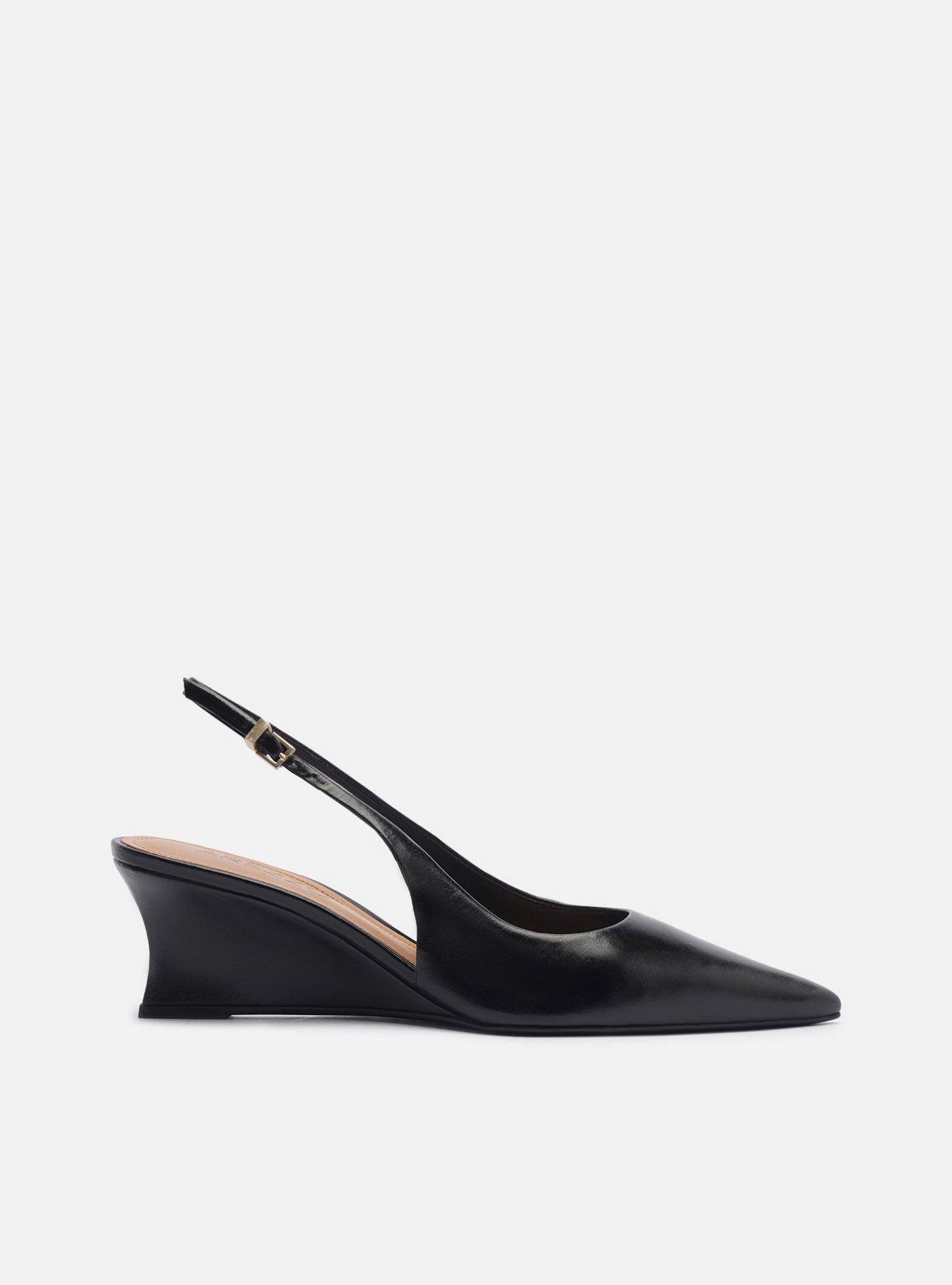 Scarpin Preto Couro Salto Baixo Anabela Slingback — foto 1