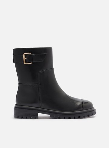 Bota Preta Couro Cano Curto Tratorada Fivela