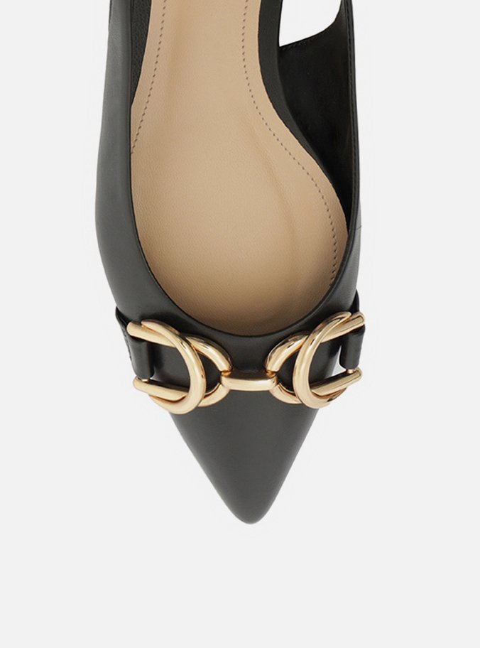 Sapatilha Preta Couro Bico Fino Slingback Bridão