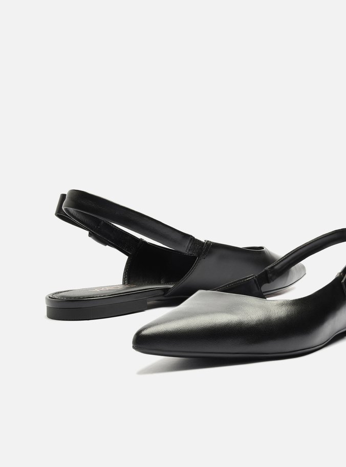 Sapatilha Preta Couro Slingback Bico Fino