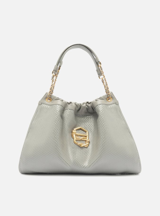 Bolsa Hobo Cinza Couro Snake Grande