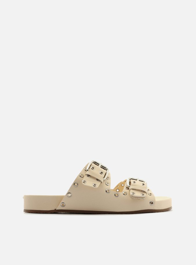 Rasteira Off-White Couro Tiras Fivelas