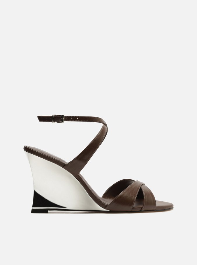 Sandália Marrom Couro Salto Alto Anabela Prata