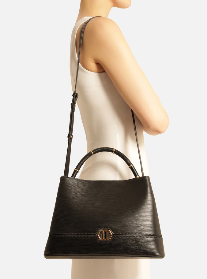 Bolsa Tote Preta Couro Grande Anéis