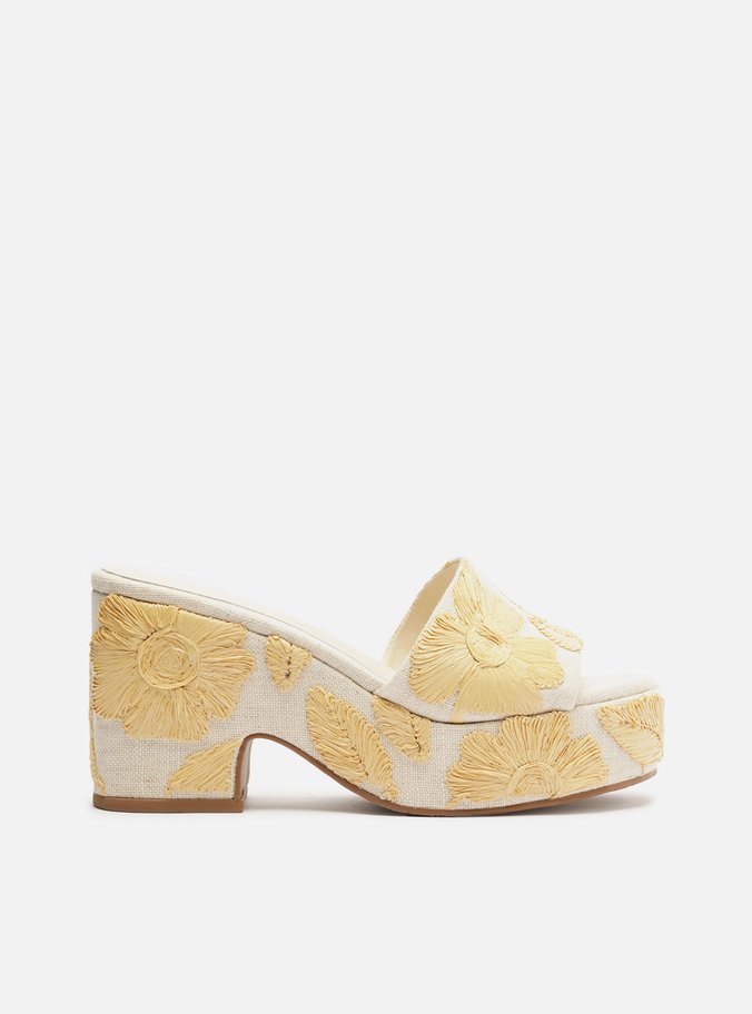Tamanco Branco Linho Plataforma Bordado Floral