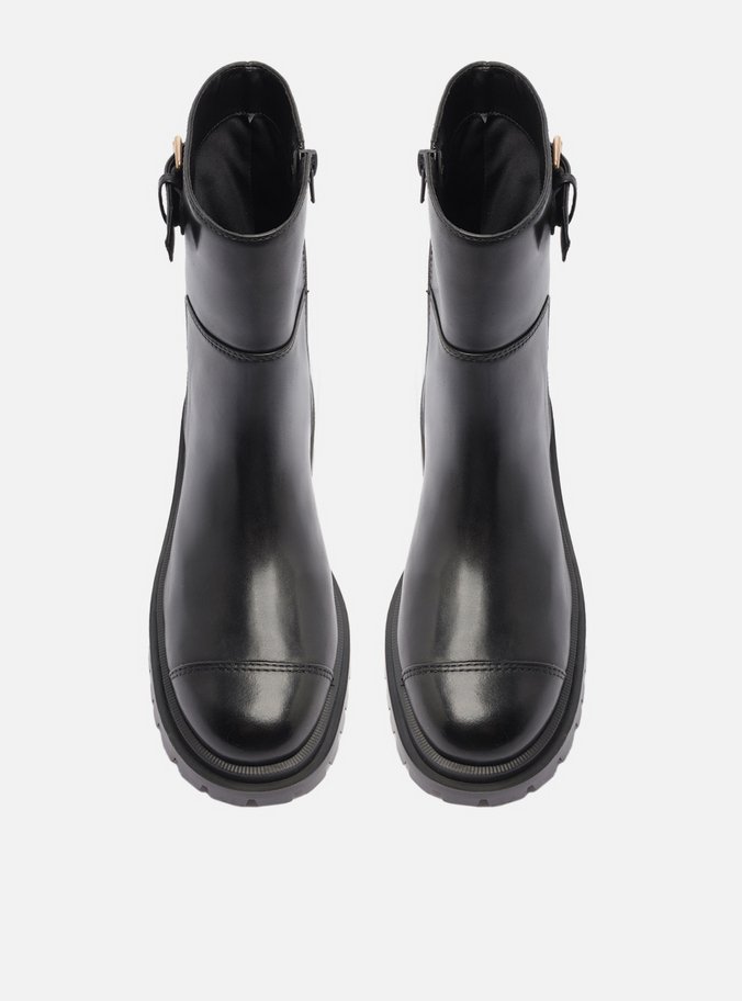 Bota Preta Couro Cano Curto Tratorada Fivela
