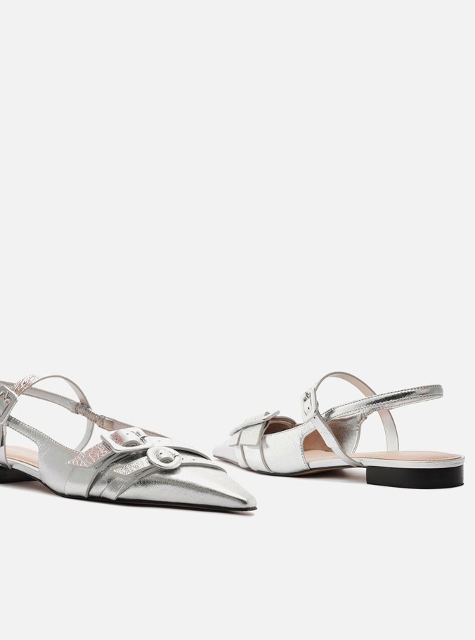 Sapatilha Prata Couro Slingback Fivelas