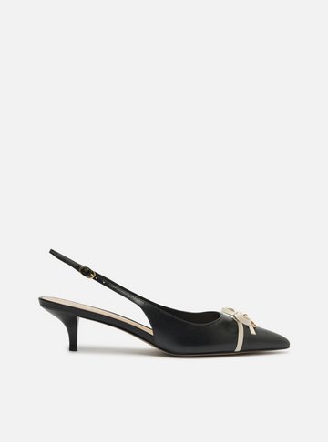 Scarpin Preto Couro Salto Baixo Slingback Laço