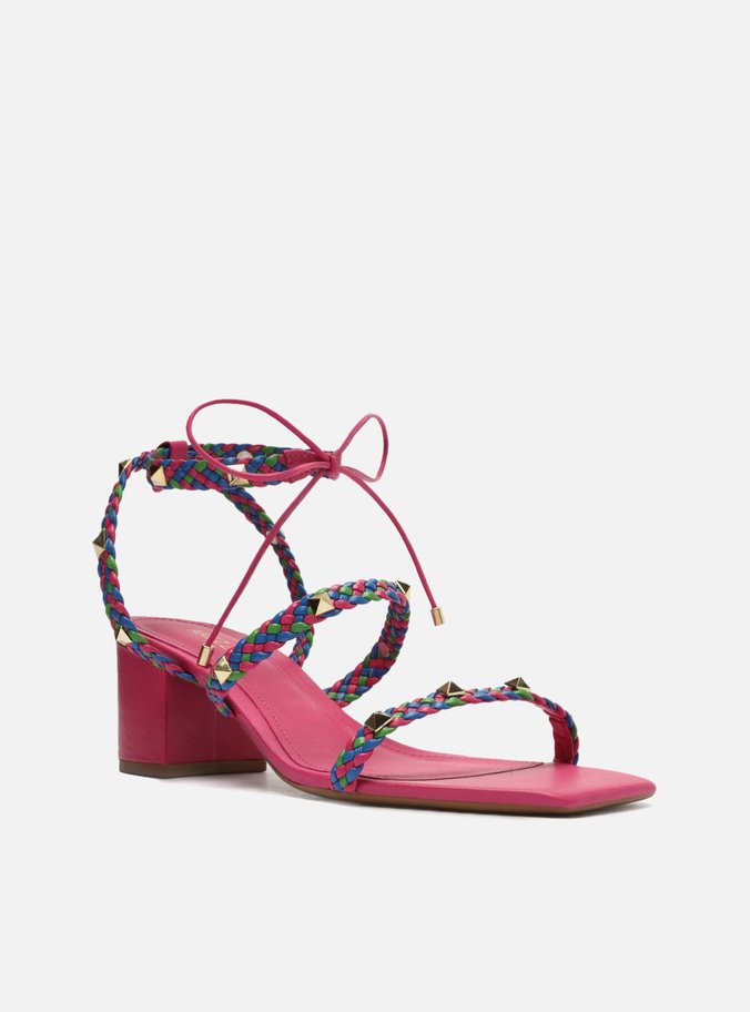 Sandália Rosa Salto Bloco Trançada Spikes