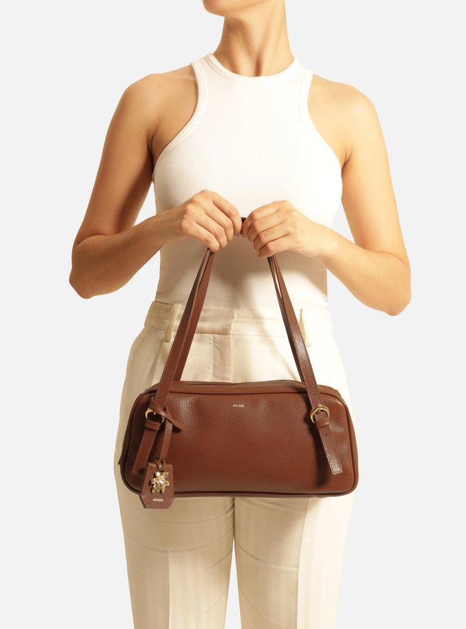 Bolsa Bowling Marrom Couro Média Metal Flor