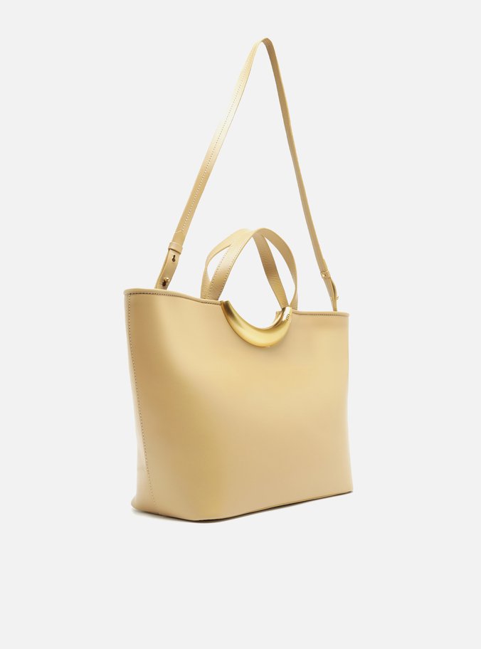 Bolsa Shopping Bege Couro Grande Metal Bold