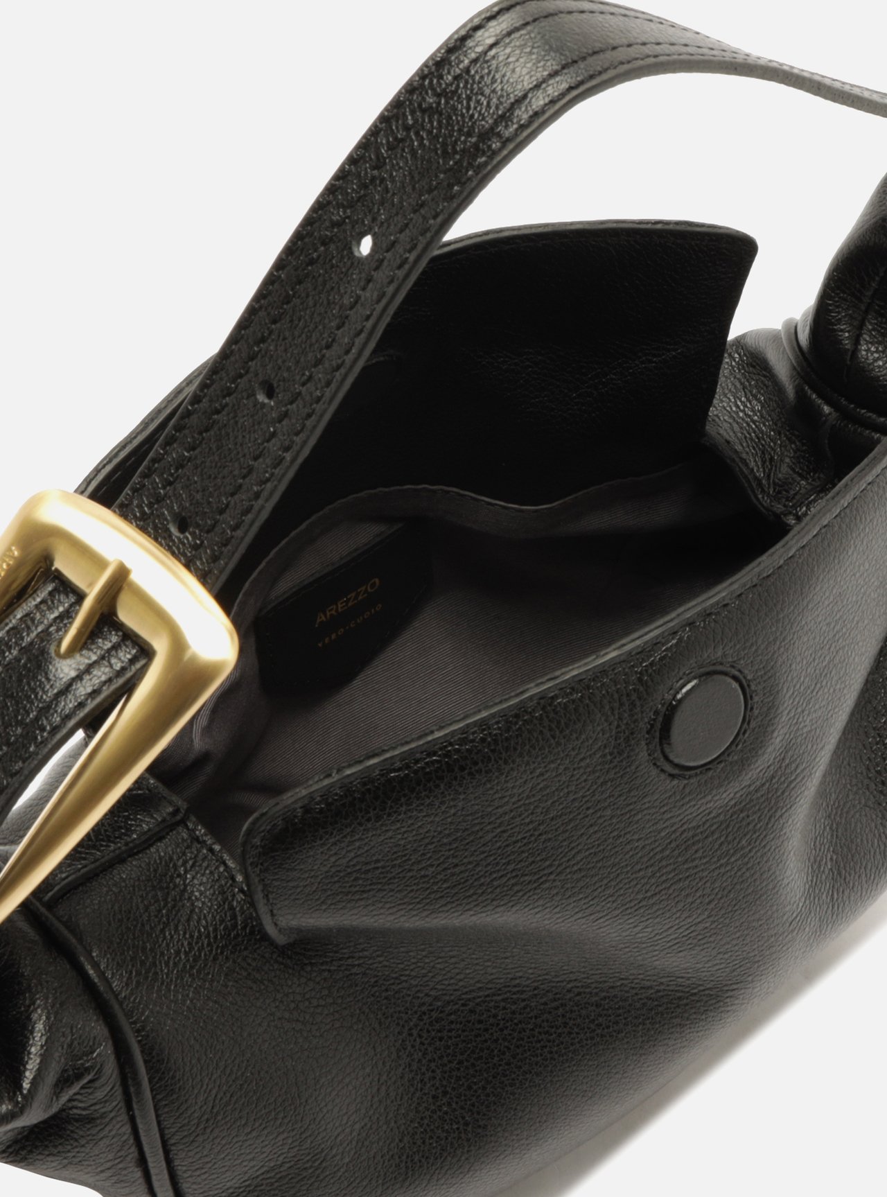 Bolsa Tiracolo Preta Couro Média Metais Dourados — foto 4