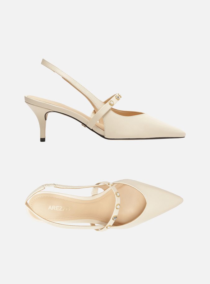 Scarpin Off-White Couro Salto Fino Slingback Aplicação