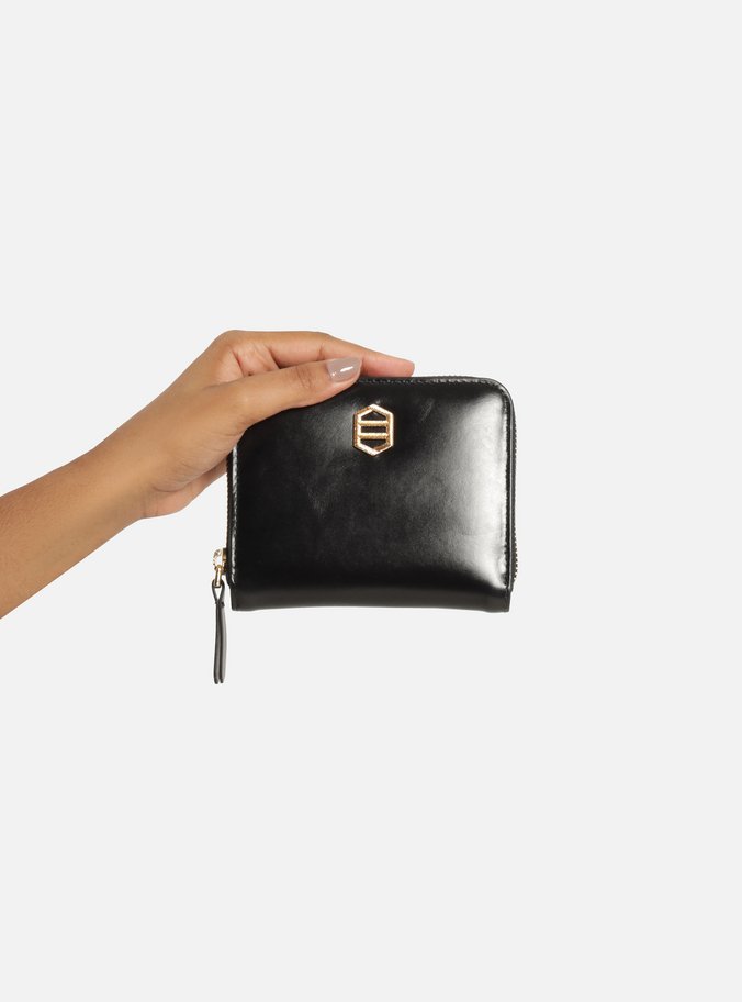 Carteira Preta Couro Pequena Zíper Metal