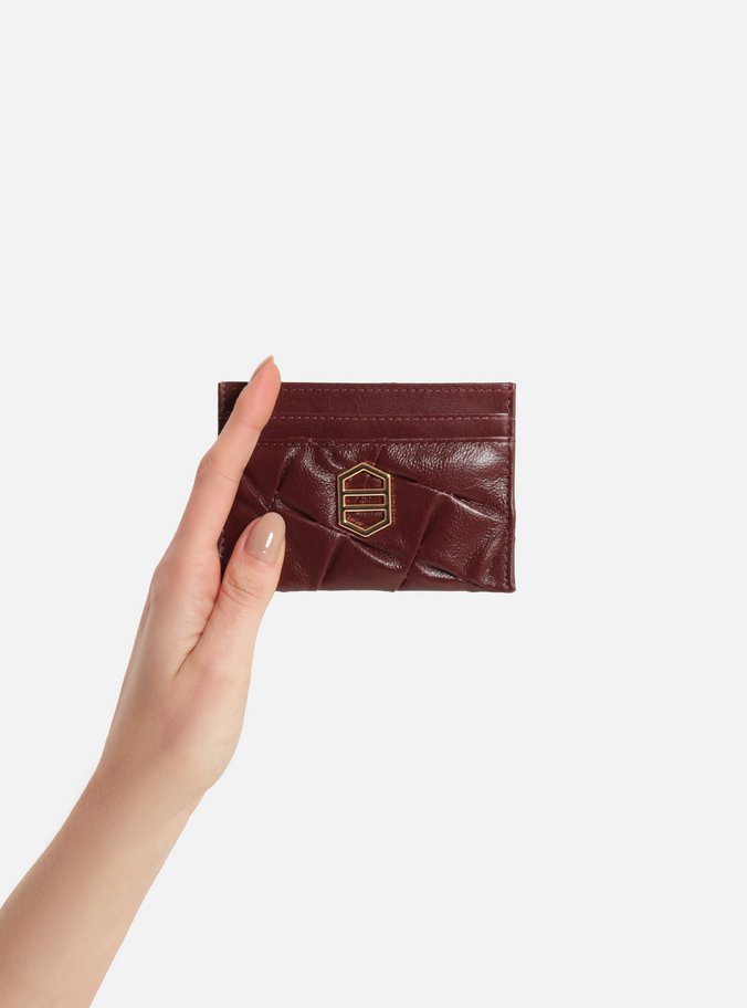 Porta-Cartões Vinho Couro Costuras Metal