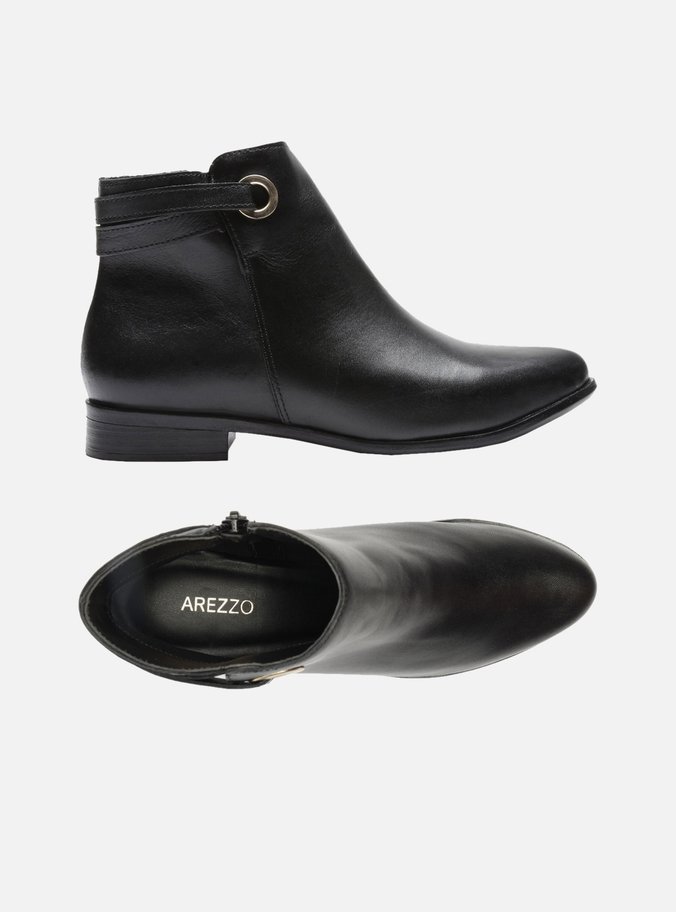 Bota Preta Couro Cano Curto Salto Baixo Ilhós