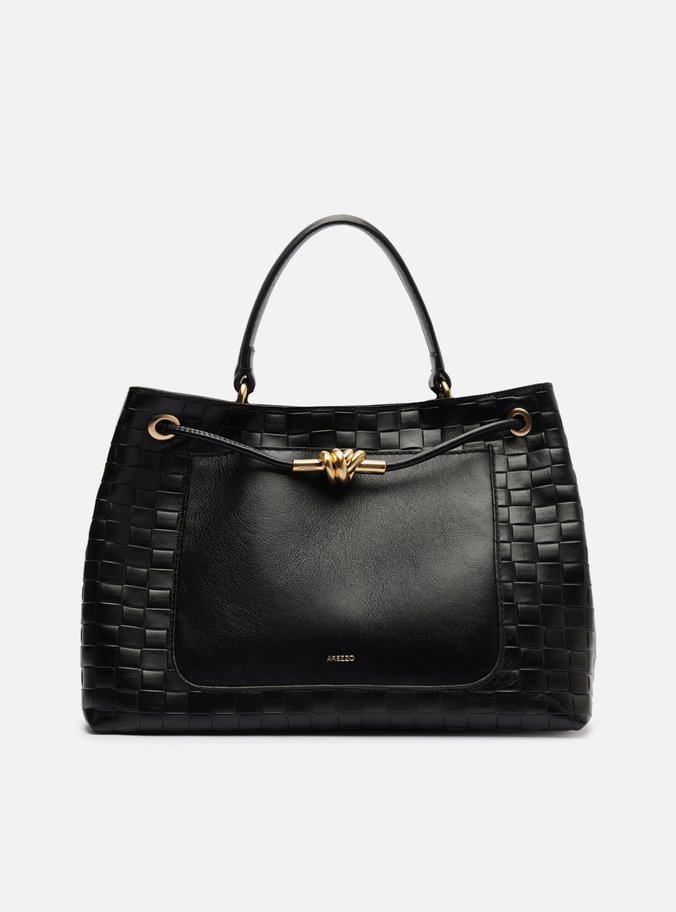 Bolsa Tote Preta Couro Tressê Grande Nó Metal