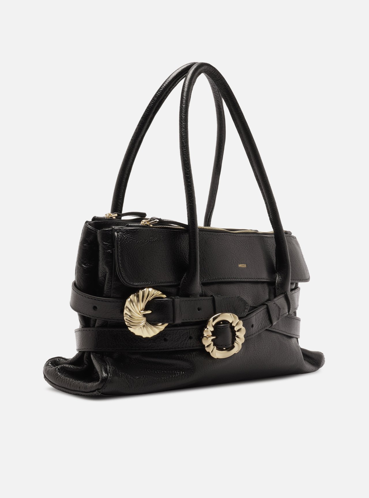 Bolsa Shoulder Preta Couro Grande Fivelas Douradas — foto 5