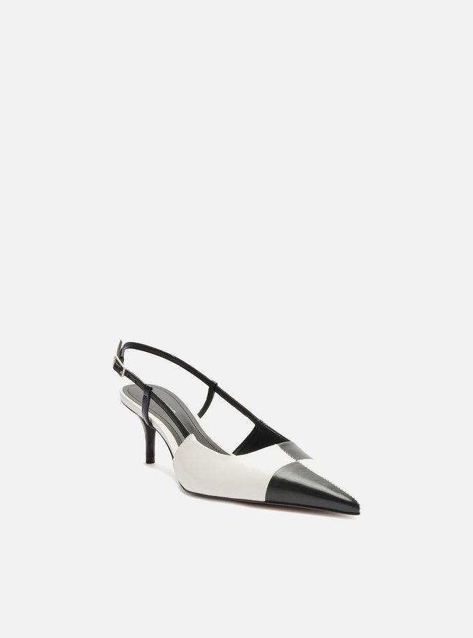 Scarpin Preto Couro Bico Fino Slingback Bicolor