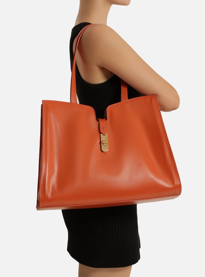 Bolsa Shopping Laranja Couro Grande Encaixe