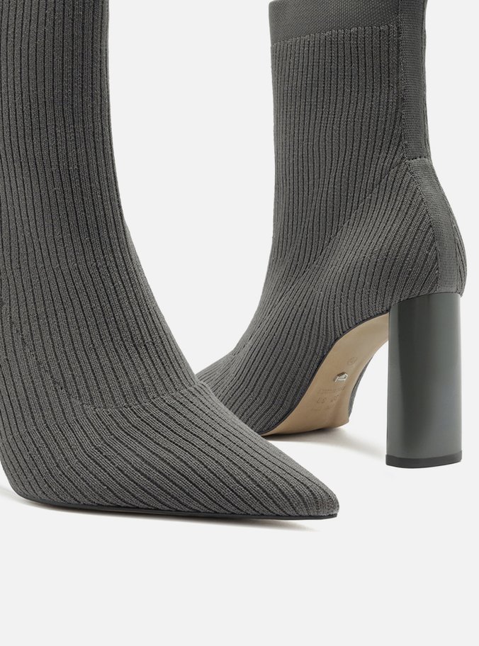 Bota Skinny Cinza Knit Cano Médio Salto Bloco