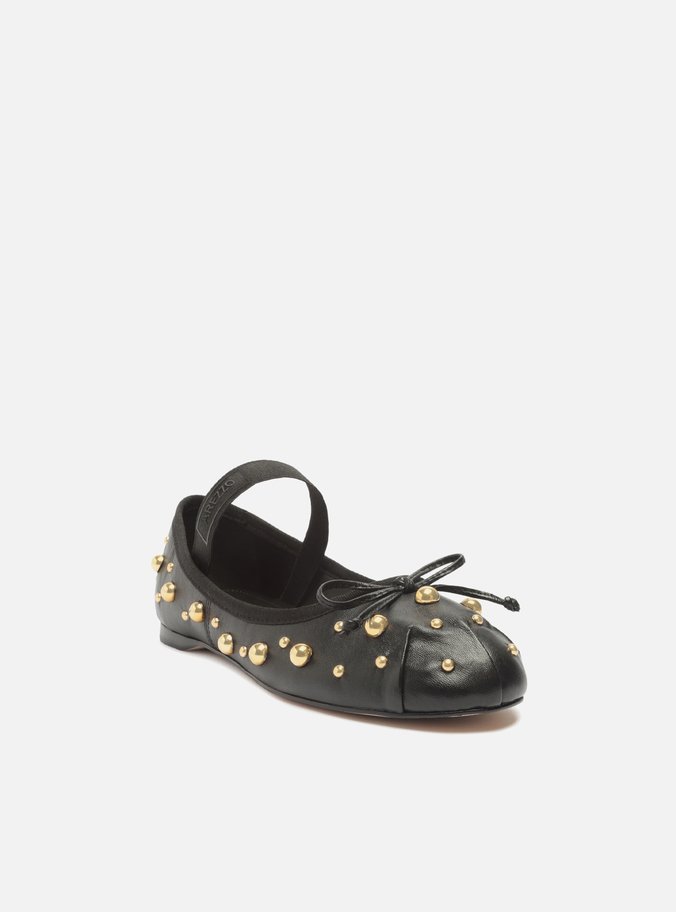 Sapatilha Boneca Preta Couro Bico Redondo Studs