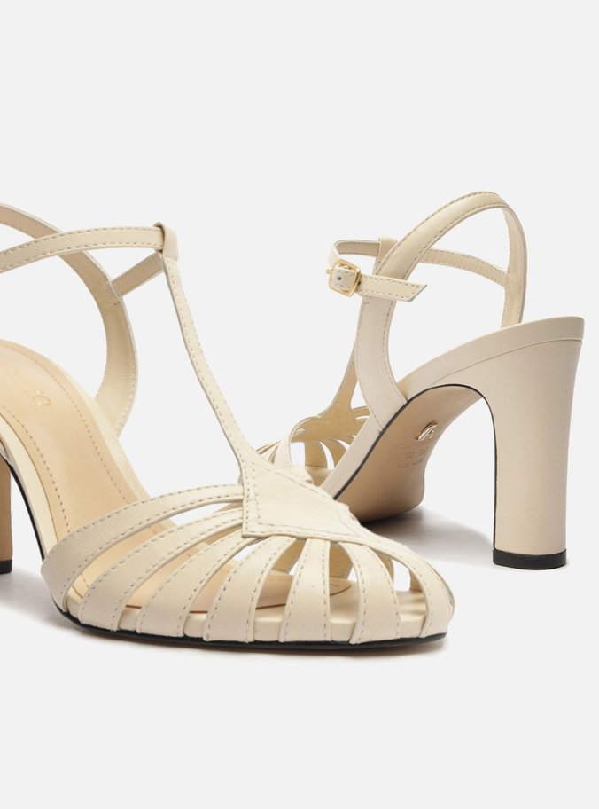 Sandália Off-White Couro Salto Bloco Multi Tiras