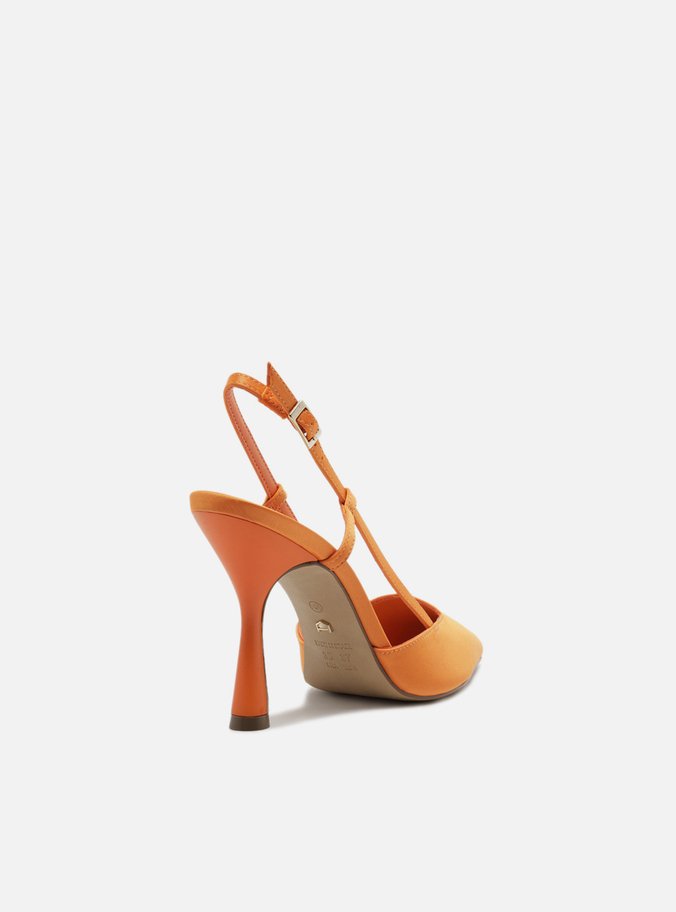 Scarpin Laranja Cetim Salto Alto Geométrico