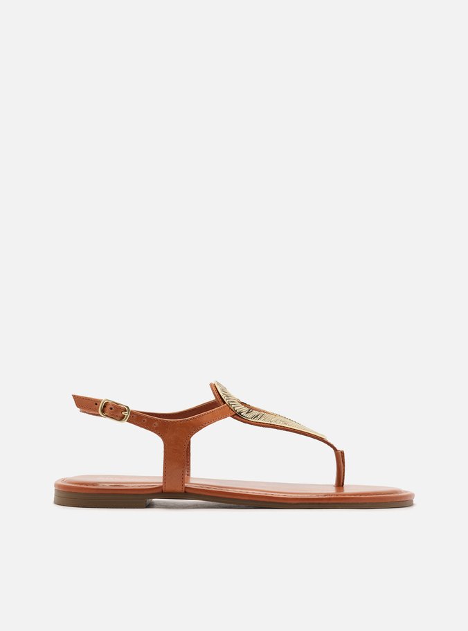 Sandália Rasteira Laranja Couro Metal Textura