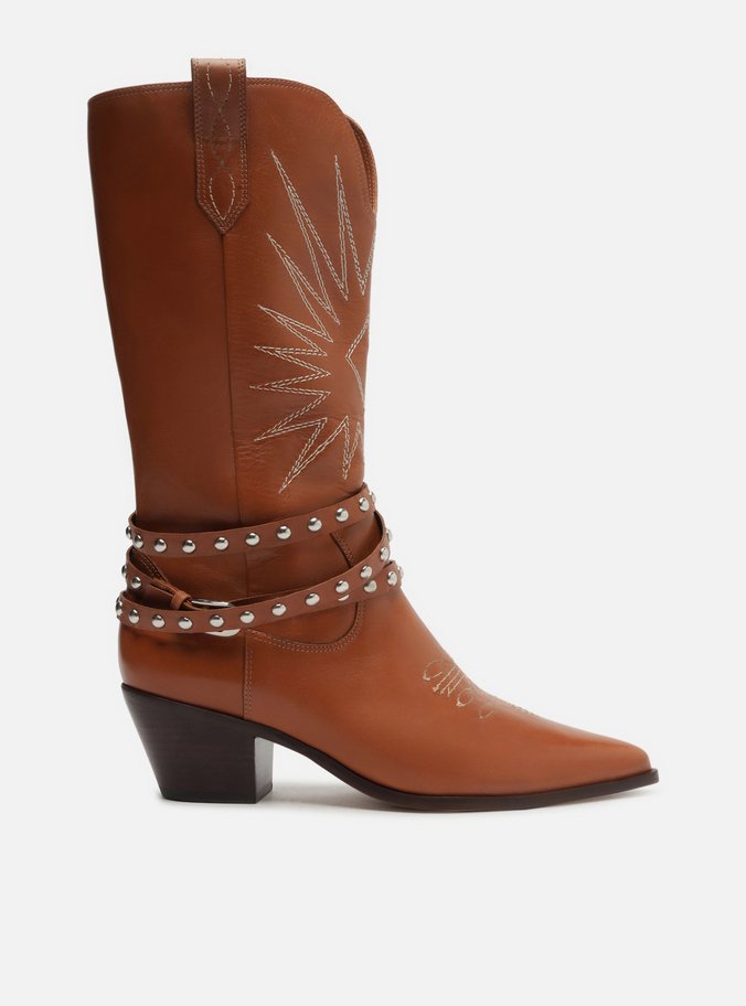 Bota Marrom Couro Cano Médio Western Bordado