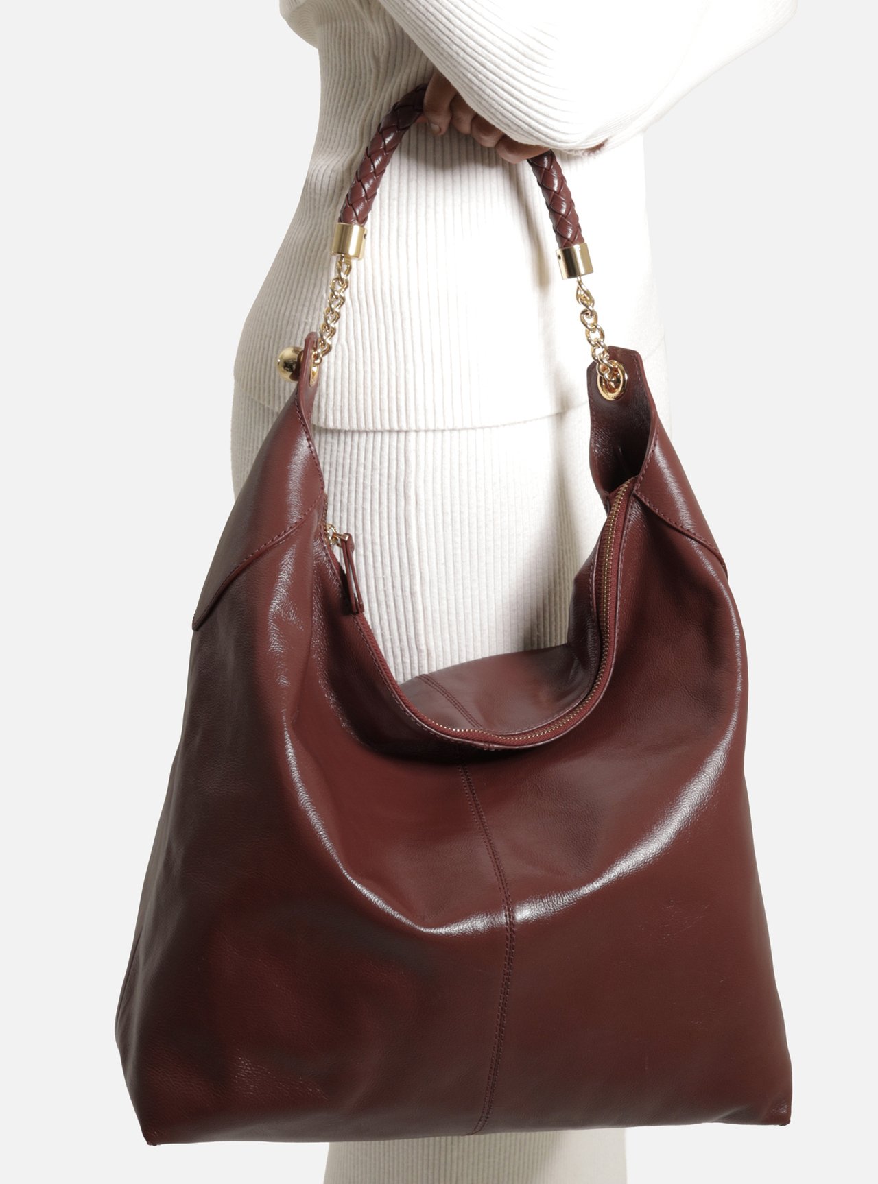 Bolsa Hobo Marrom Couro Grande Tressê — foto 6