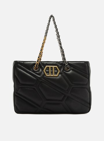 Bolsa Shopping Preta Couro Emma Grande Corrente
