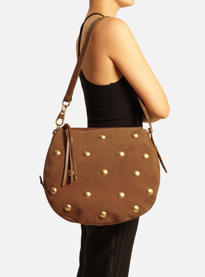 Bolsa Tiracolo Marrom Suede Grande Tachas