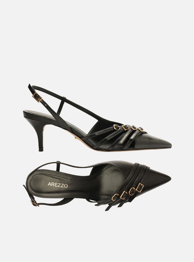 Scarpin Preto Couro Salto Kitten Tiras Fivelas