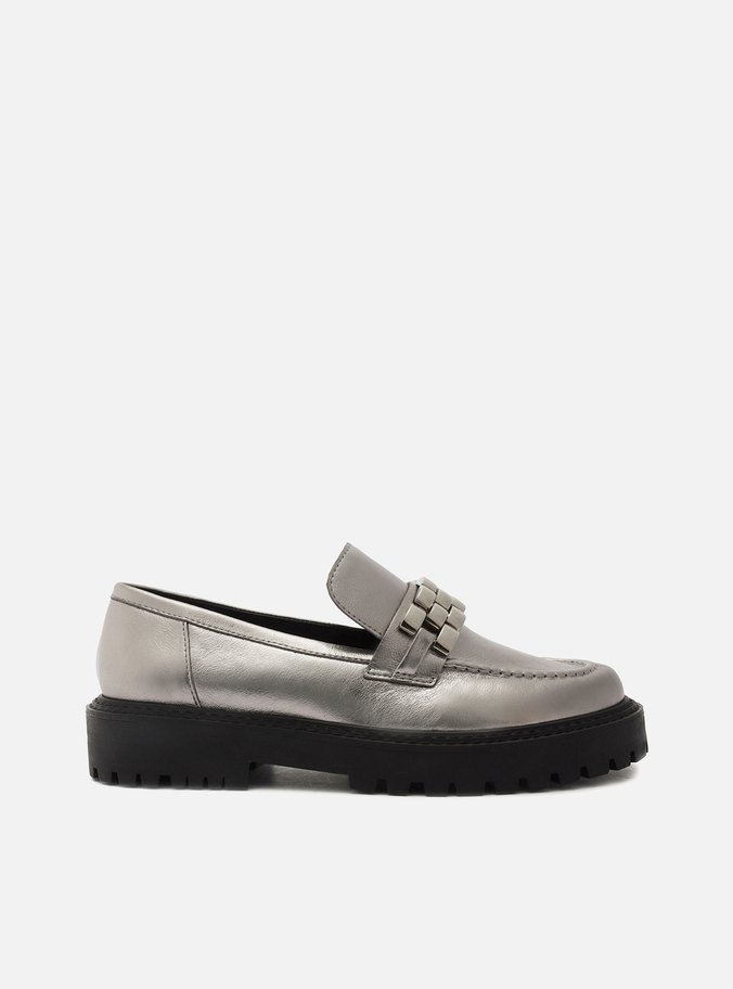 Mocassim Prata Couro Tratorado Metal