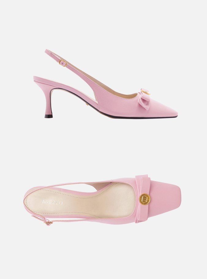 Scarpin Rosa Couro Bico Quadrado Slingback Laço