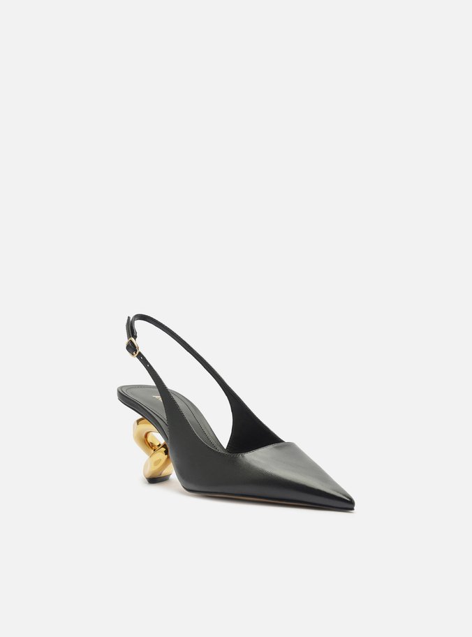 Scarpin Preto Couro Salto Geométrico Slingback