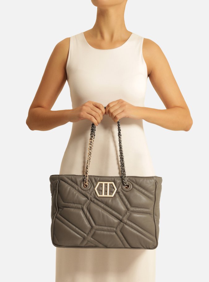 Bolsa Shopping Cinza Couro Emma Grande