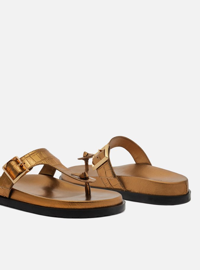 Sandália Rasteira Dourada Croco Fivela
