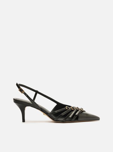 Scarpin Preto Couro Salto Kitten Tiras Fivelas