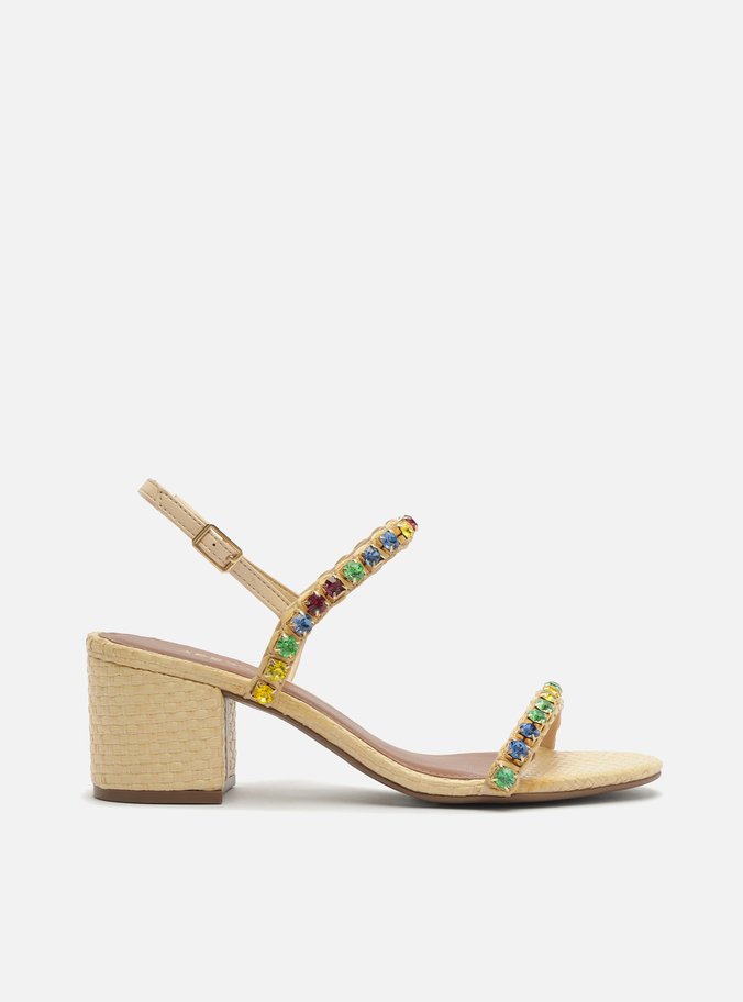 Sandália Bege Palha Salto Bloco Pedrarias Coloridas