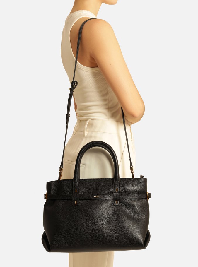 Bolsa Tote Preta Couro Grande Fivelas