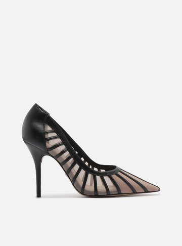 Scarpin Preto Tela Salto Alto Bico Fino