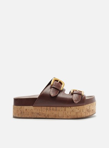 Sandália Marrom Dark Couro Flatform Cortiça Fivelas