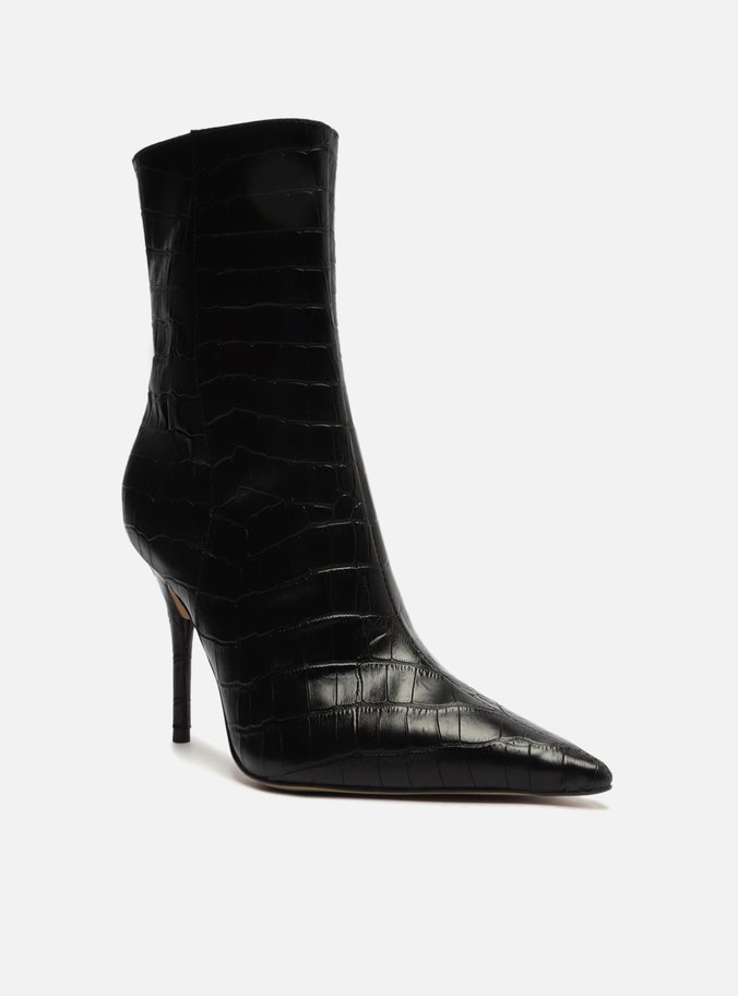 Bota Preta Croco Cano Médio Salto Alto Fino
