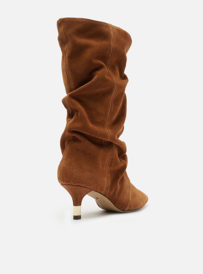 Bota Marrom Camurça Cano Médio Salto Fino Slouch