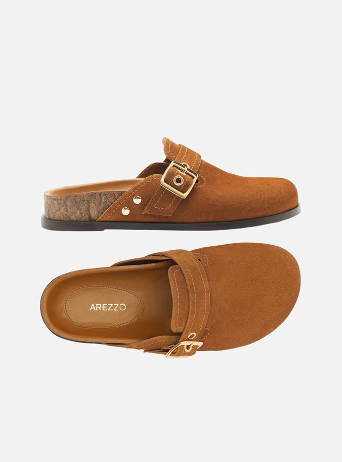 Clog Sabot Marrom Acamurçada Rasteira Fivela