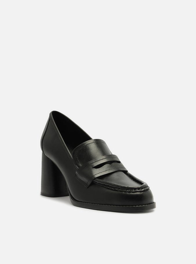 Loafer Preto Couro Salto Bloco Tira