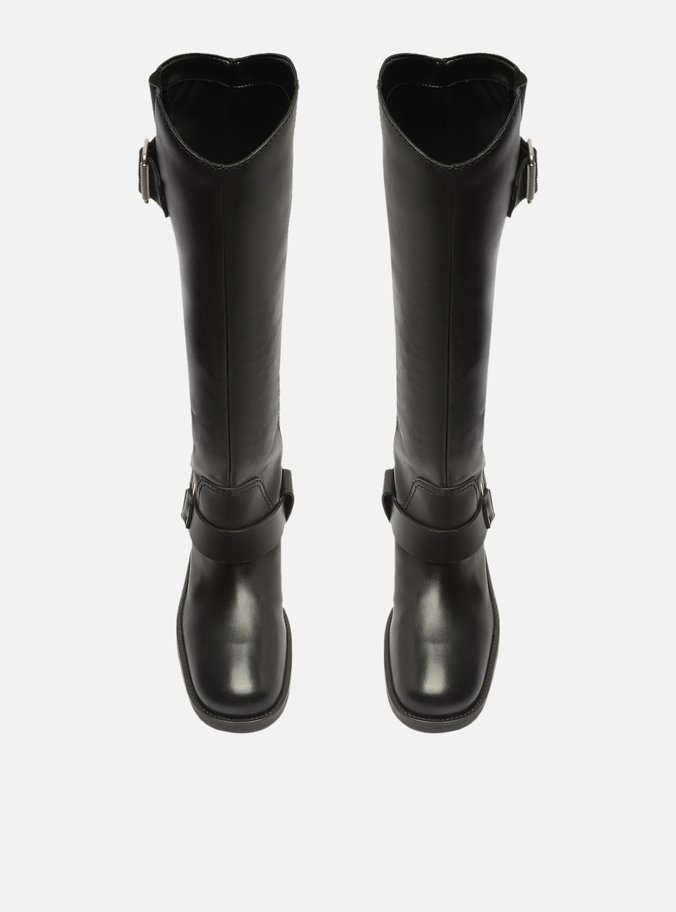 Bota Preta Couro Cano Longo Fivelas